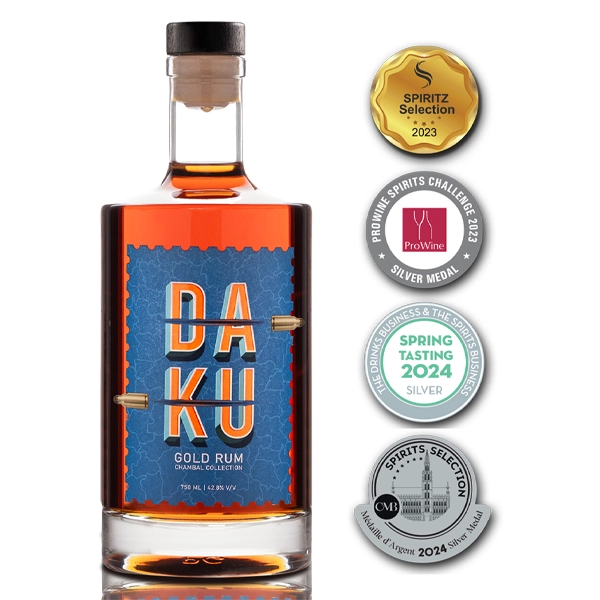daku gold rum bottle with a blue label