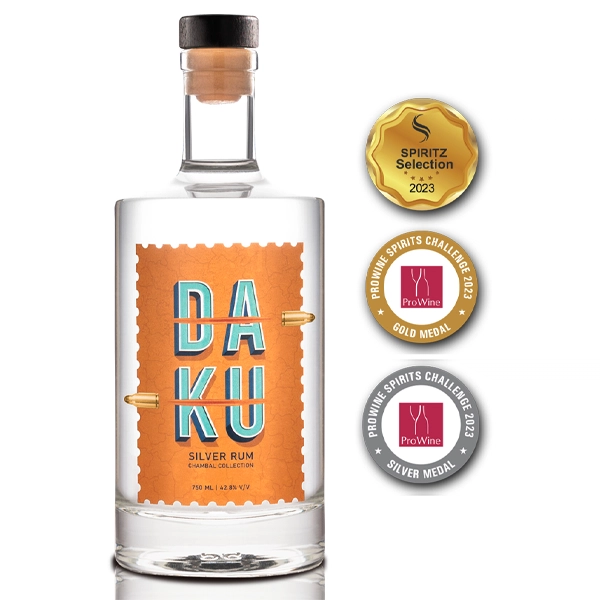 daku silver rum bottle with an orange label